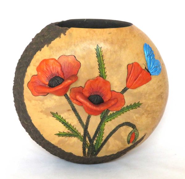 A decorative gourd container with a butterfly and poppies