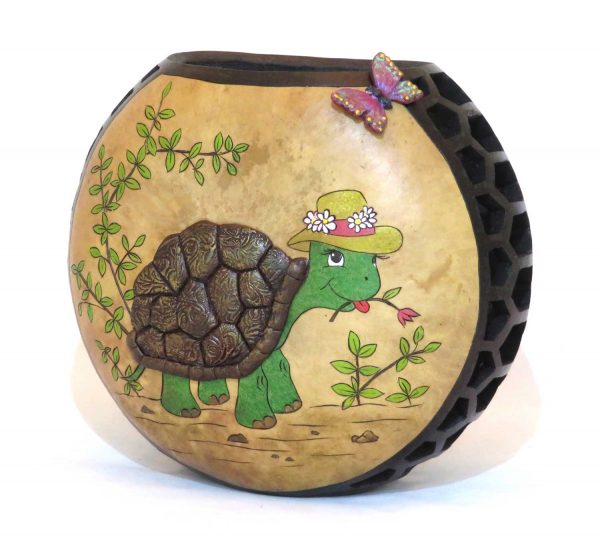 A decorative gourd container with a tortoise and a butterfly